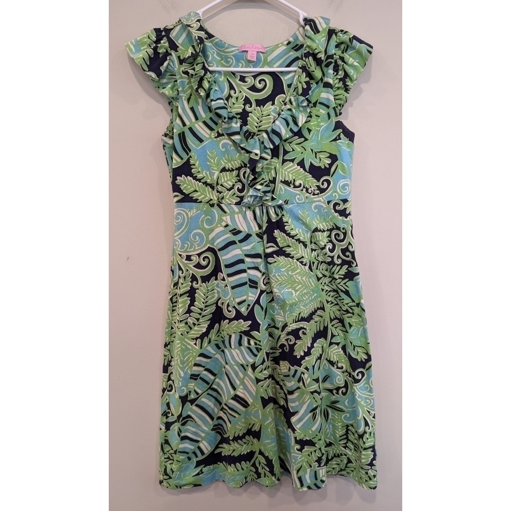 Lilly Pulitzer Clare Silk Blend Ruffle Sleeve Fern Print Dress Size XS
